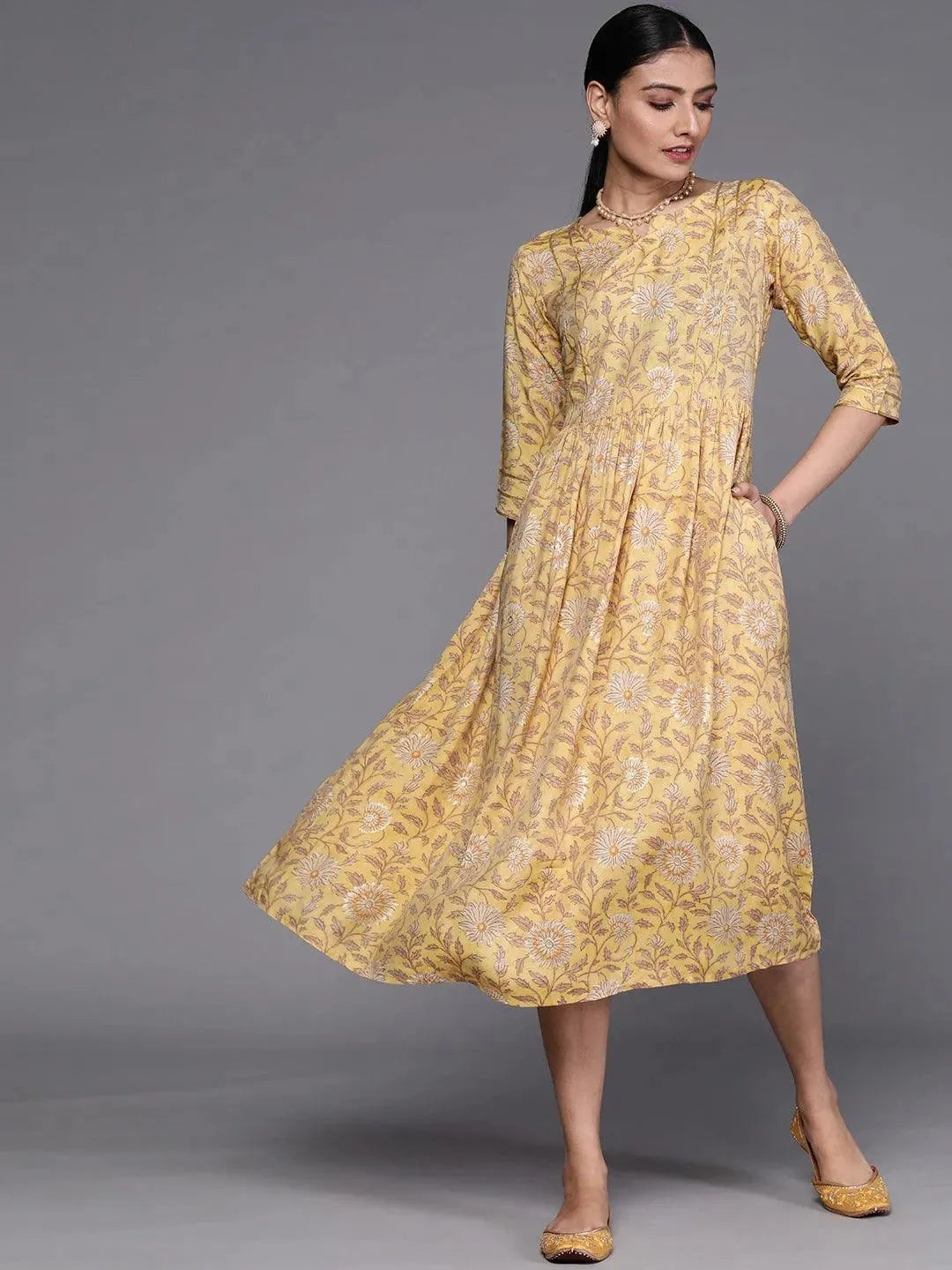 Mustard Printed Silk Dress - Libas