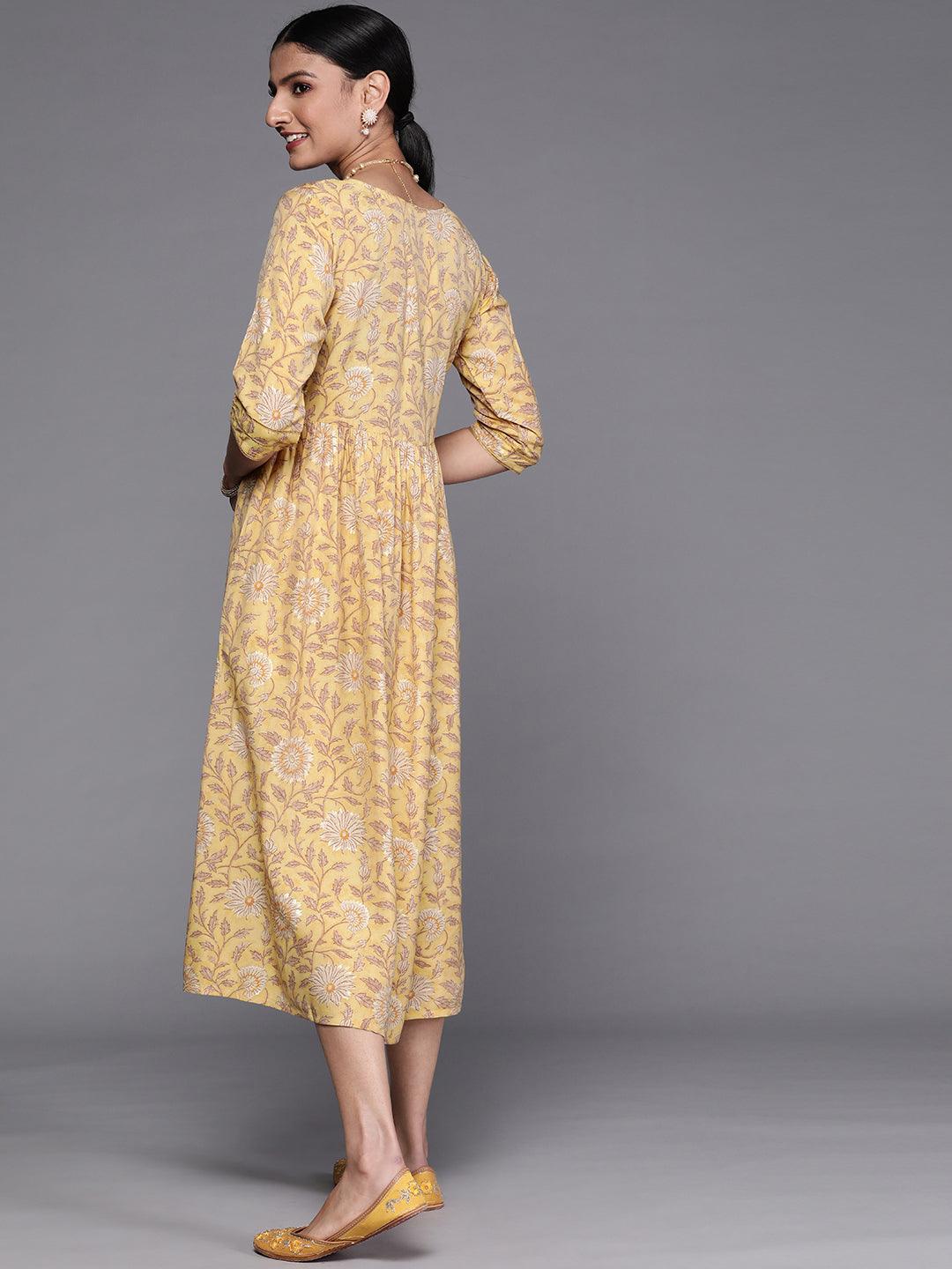 Mustard Printed Silk Dress - Libas
