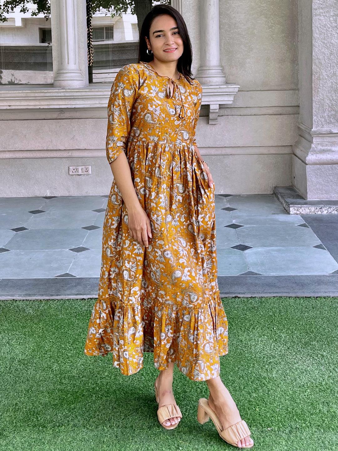 Mustard Printed Silk Fit and Flare Dress
