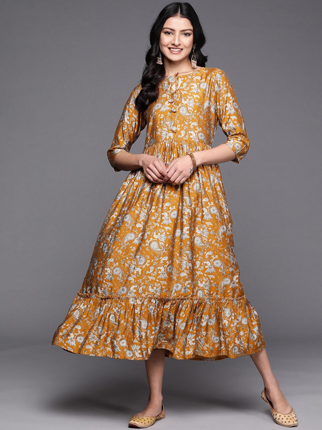 Mustard Printed Silk Fit and Flare Dress - Libas