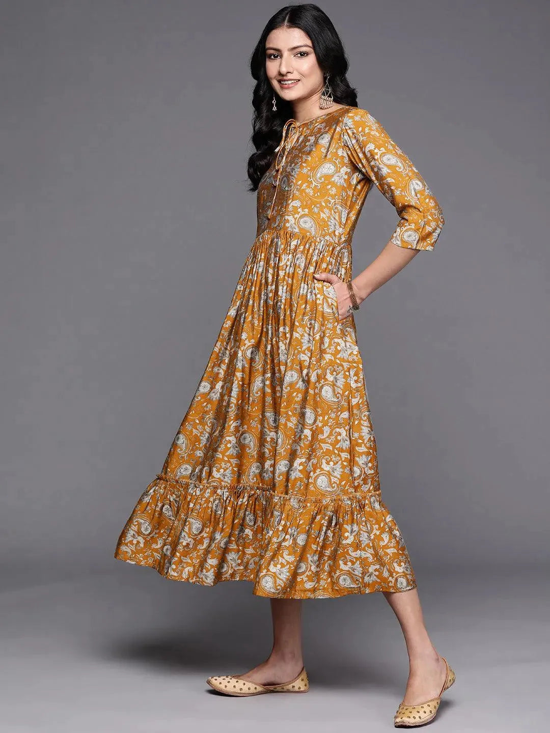 Mustard Printed Silk Fit and Flare Dress - Libas