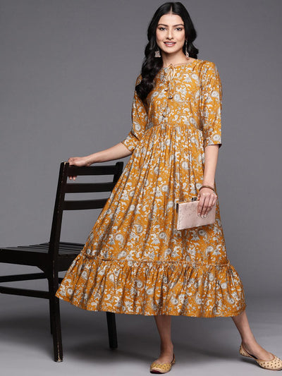 Mustard Printed Silk Fit and Flare Dress - Libas