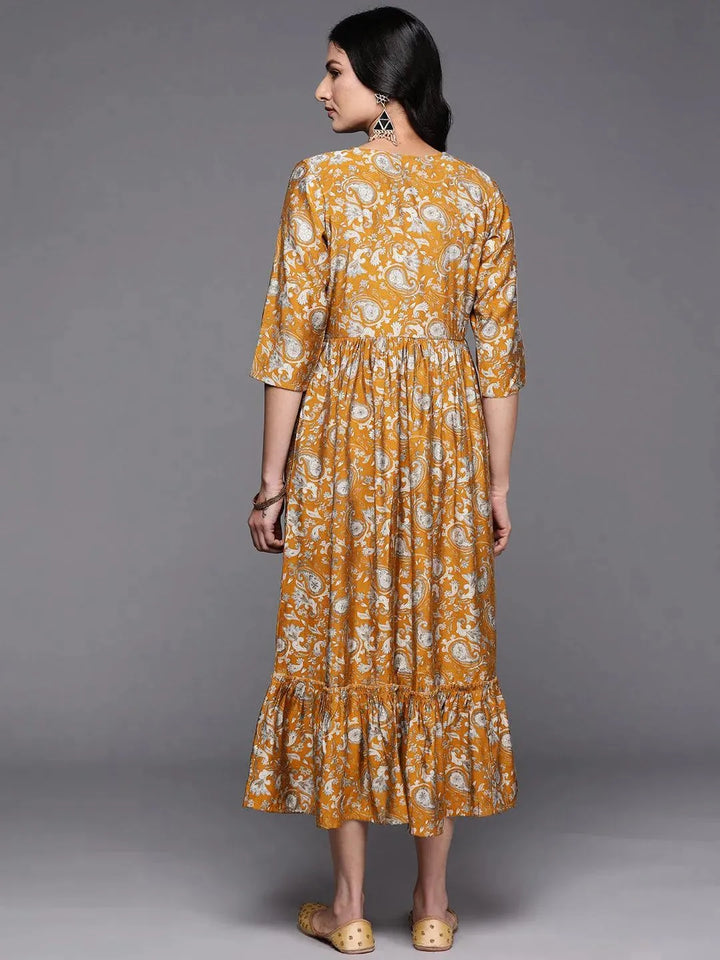 Mustard Printed Silk Fit and Flare Dress - Libas