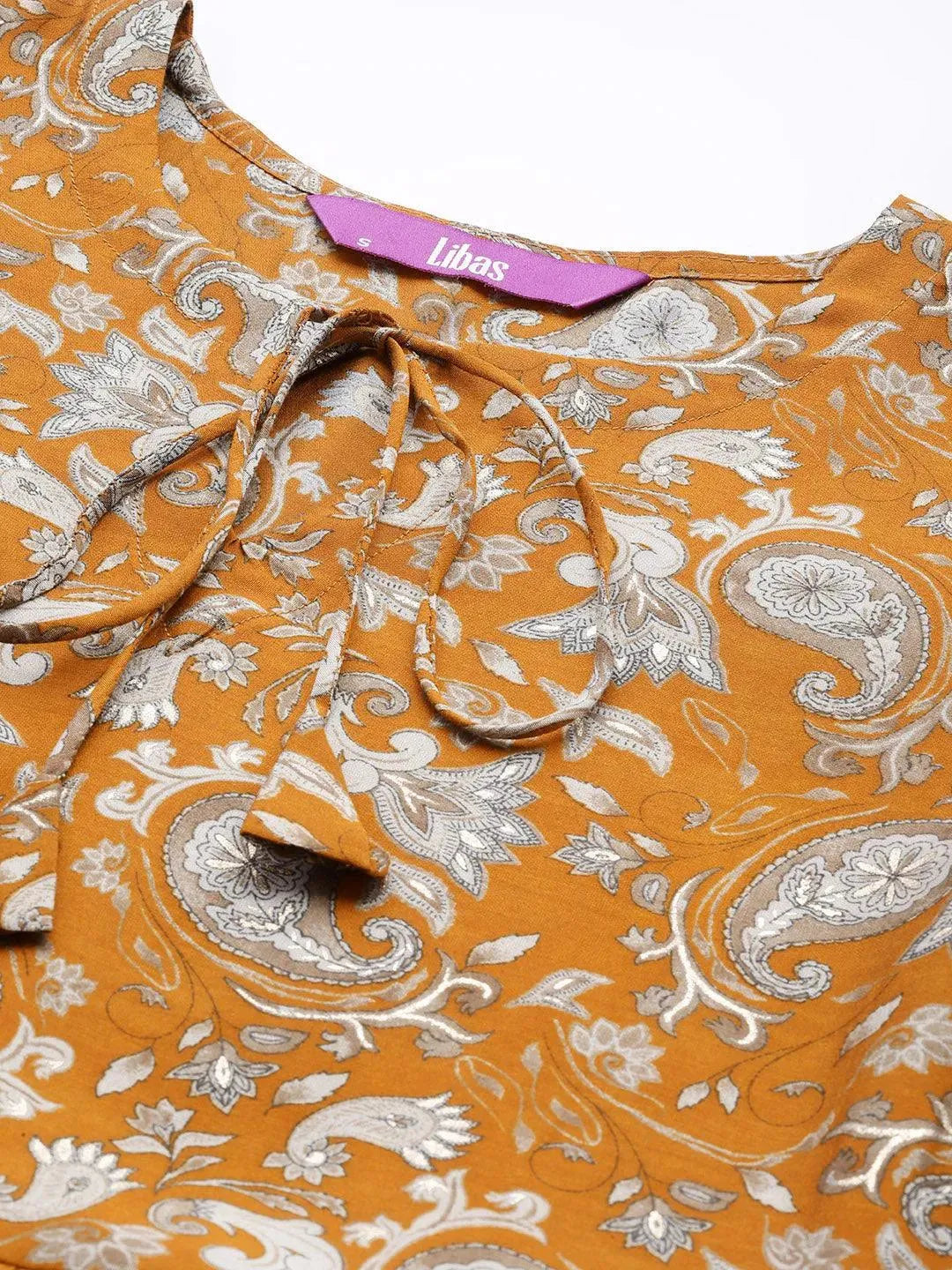 Mustard Printed Silk Fit and Flare Dress - Libas 