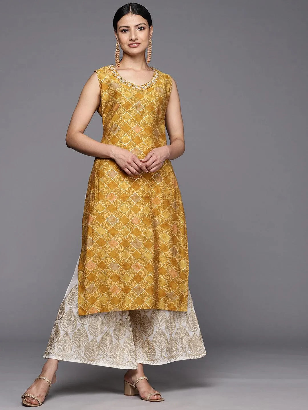 Mustard Printed Silk Straight Kurta - Libas