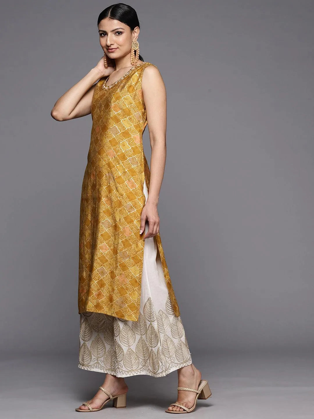 Mustard Printed Silk Straight Kurta - Libas 
