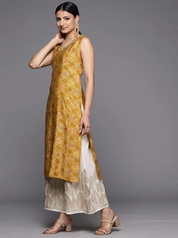 Mustard Printed Silk Straight Kurta - Libas