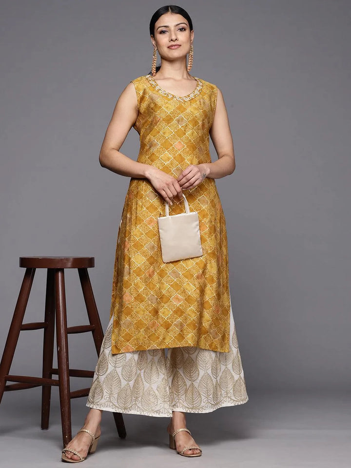 Mustard Printed Silk Straight Kurta - Libas