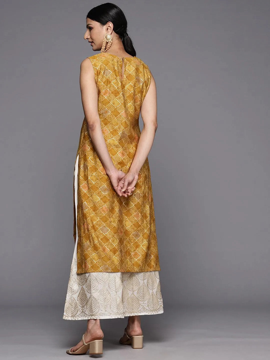 Mustard Printed Silk Straight Kurta - Libas 