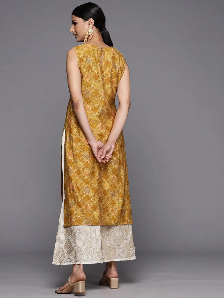 Mustard Printed Silk Straight Kurta - Libas