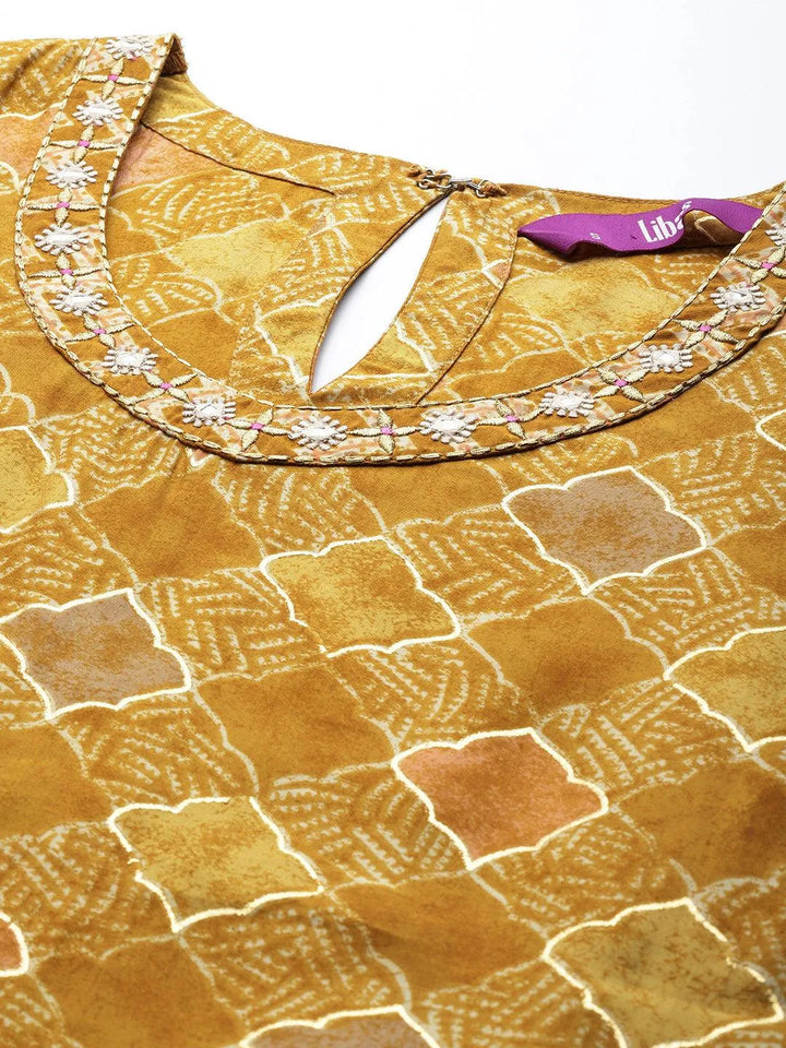 Mustard Printed Silk Straight Kurta - Libas