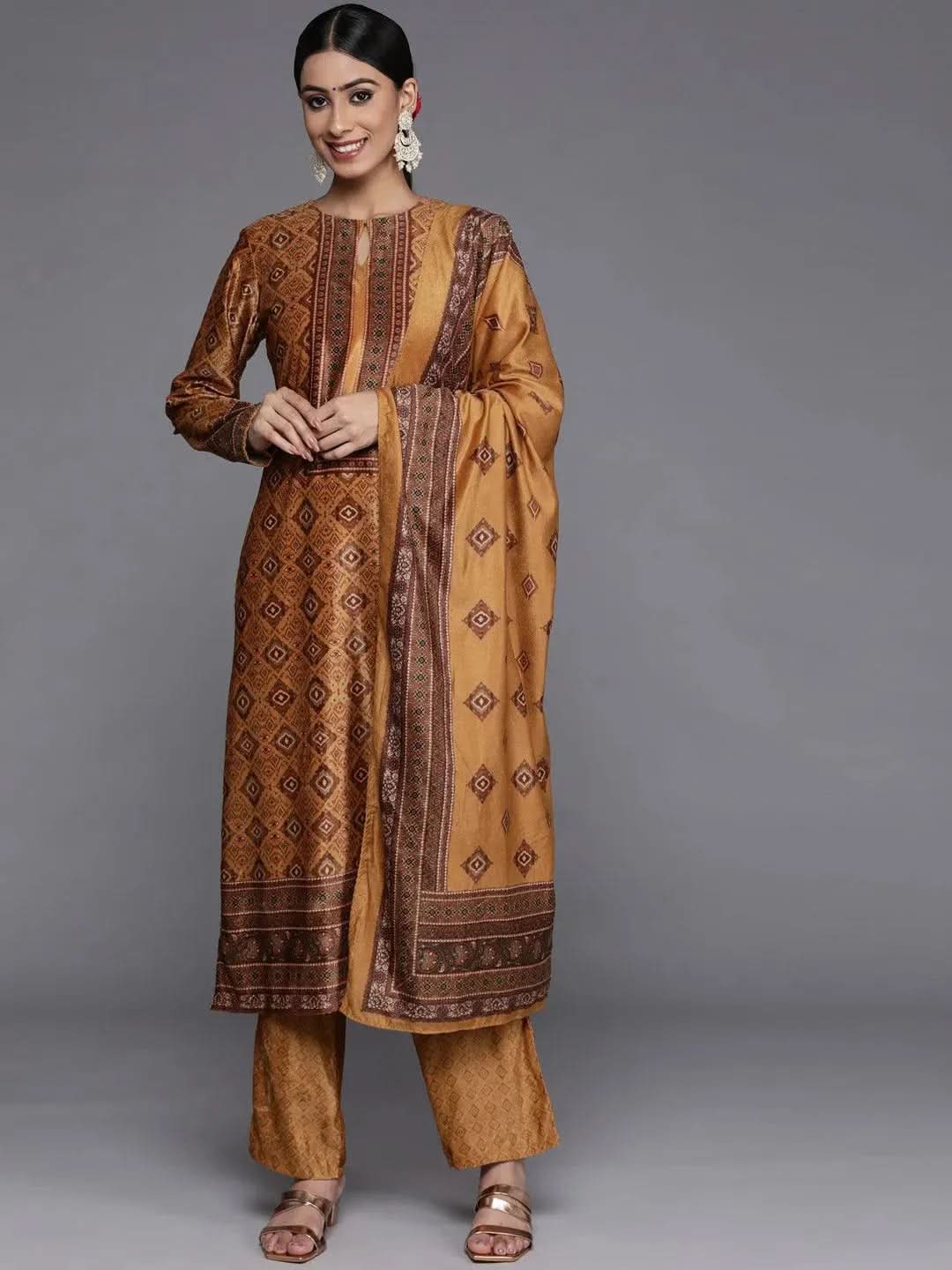 Mustard Printed Velvet Straight Kurta With Dupatta
