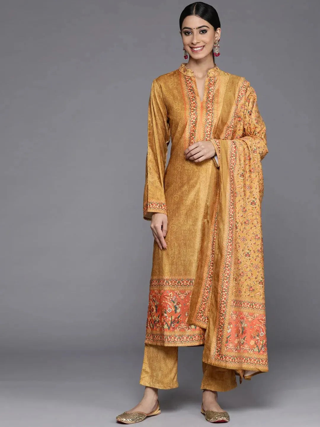 Mustard Printed Velvet Straight Suit Set With Trousers - Libas