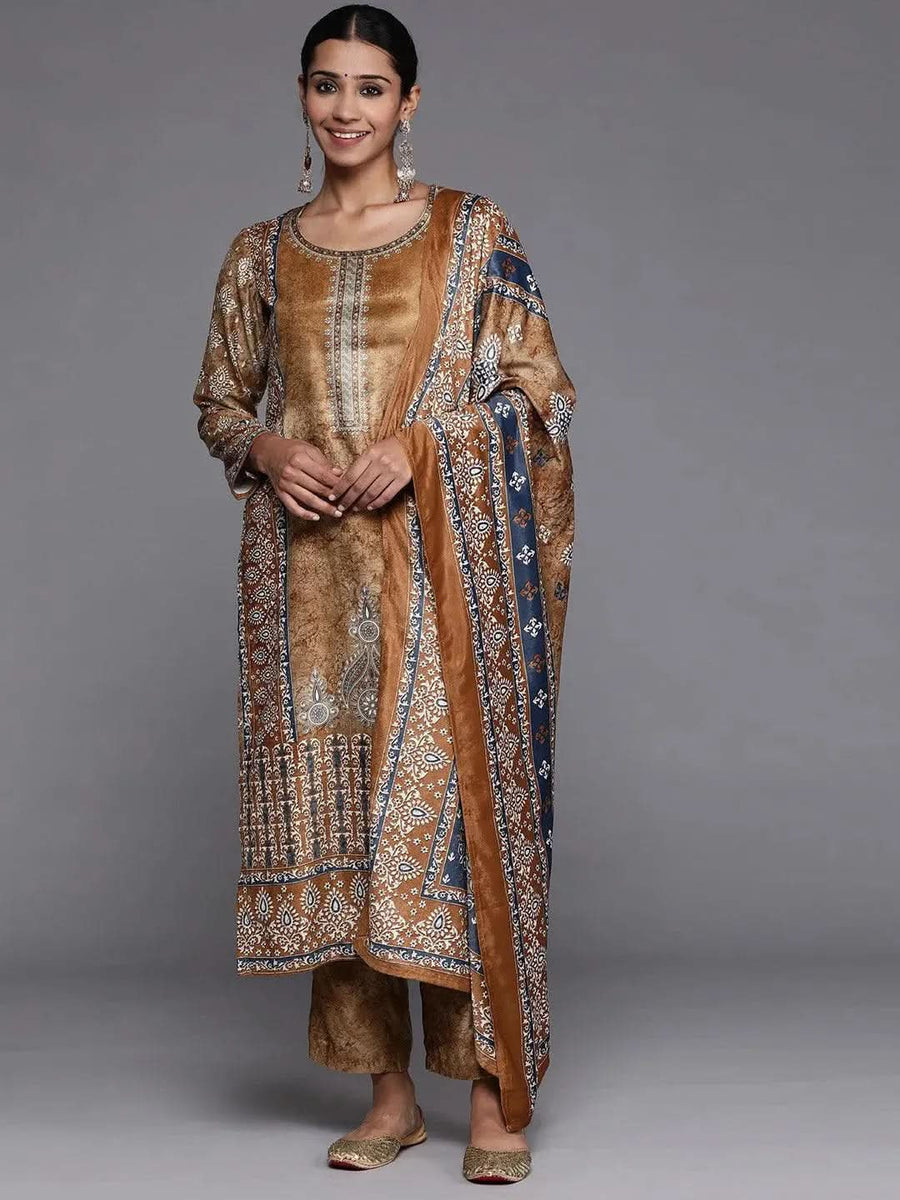 Mustard Sequins Paisley Printed Tissue Straight Kurta with Straight Pants and Dupatta Set main image 0