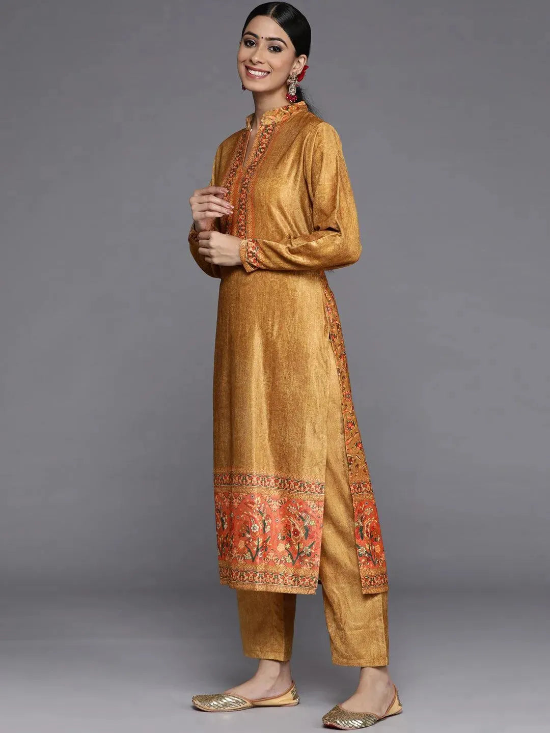 Mustard Printed Velvet Straight Suit Set With Trousers - Libas