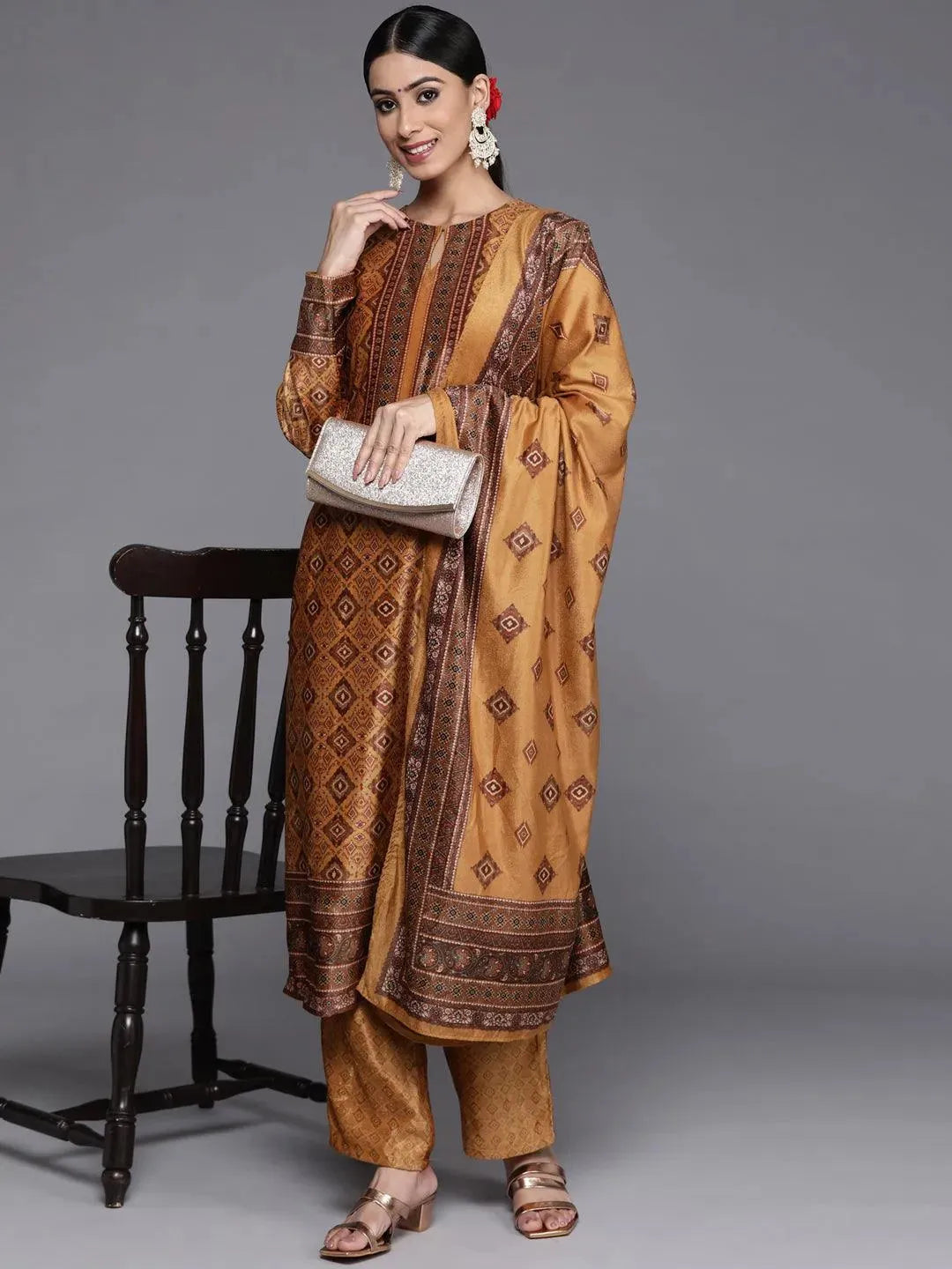 Mustard Printed Velvet Straight Suit Set With Trousers - Libas 