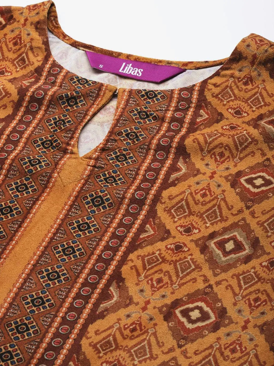 Mustard Printed Velvet Straight Suit Set With Trousers - Libas 