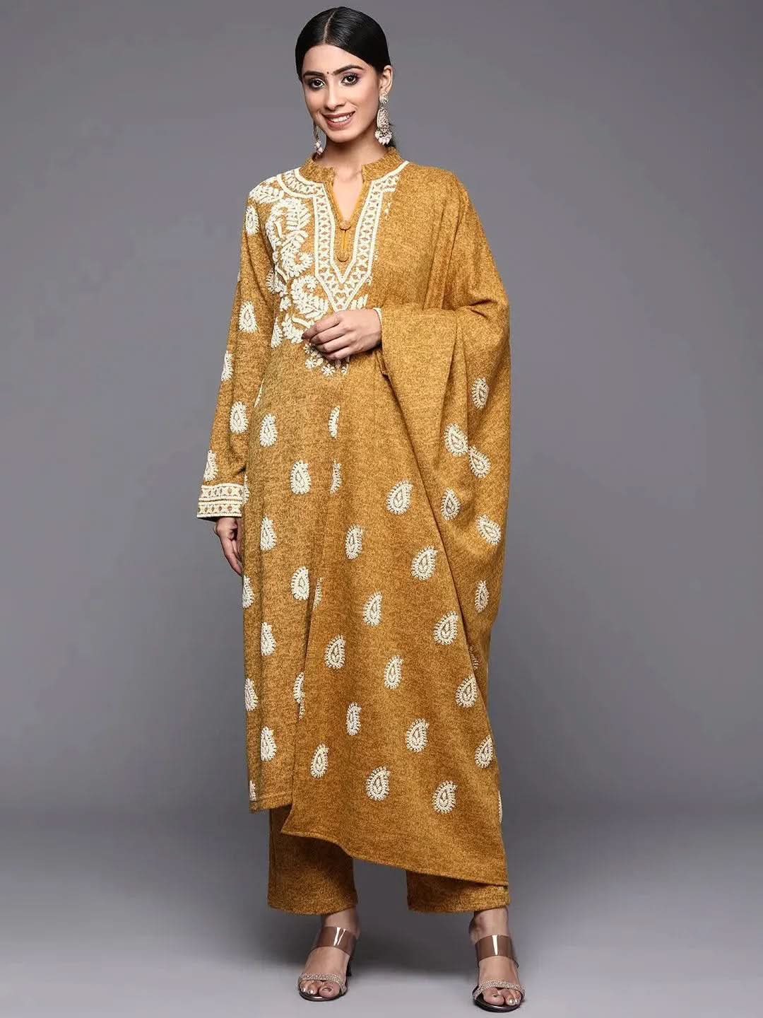 

Mustard Printed Wool Straight Kurta With Trousers & Dupatta