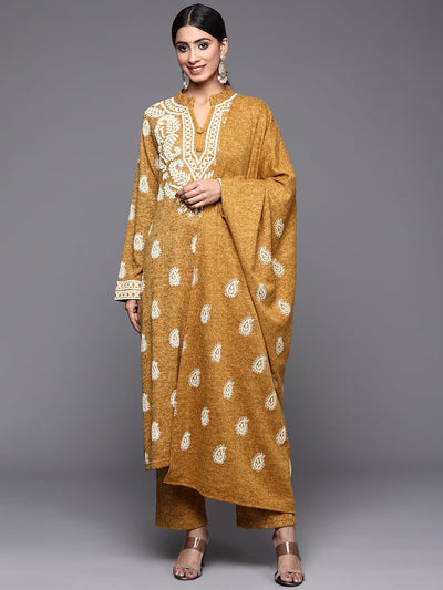Mustard Printed Wool Straight Suit Set - Libas