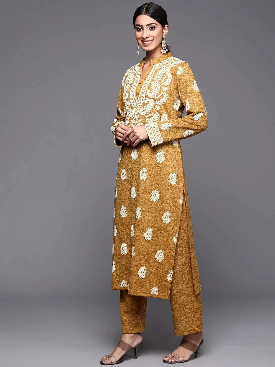 Mustard Printed Wool Straight Suit Set - Libas 