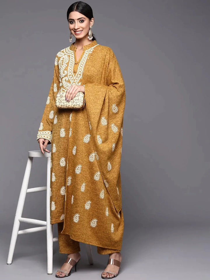Mustard Printed Wool Straight Suit Set - Libas
