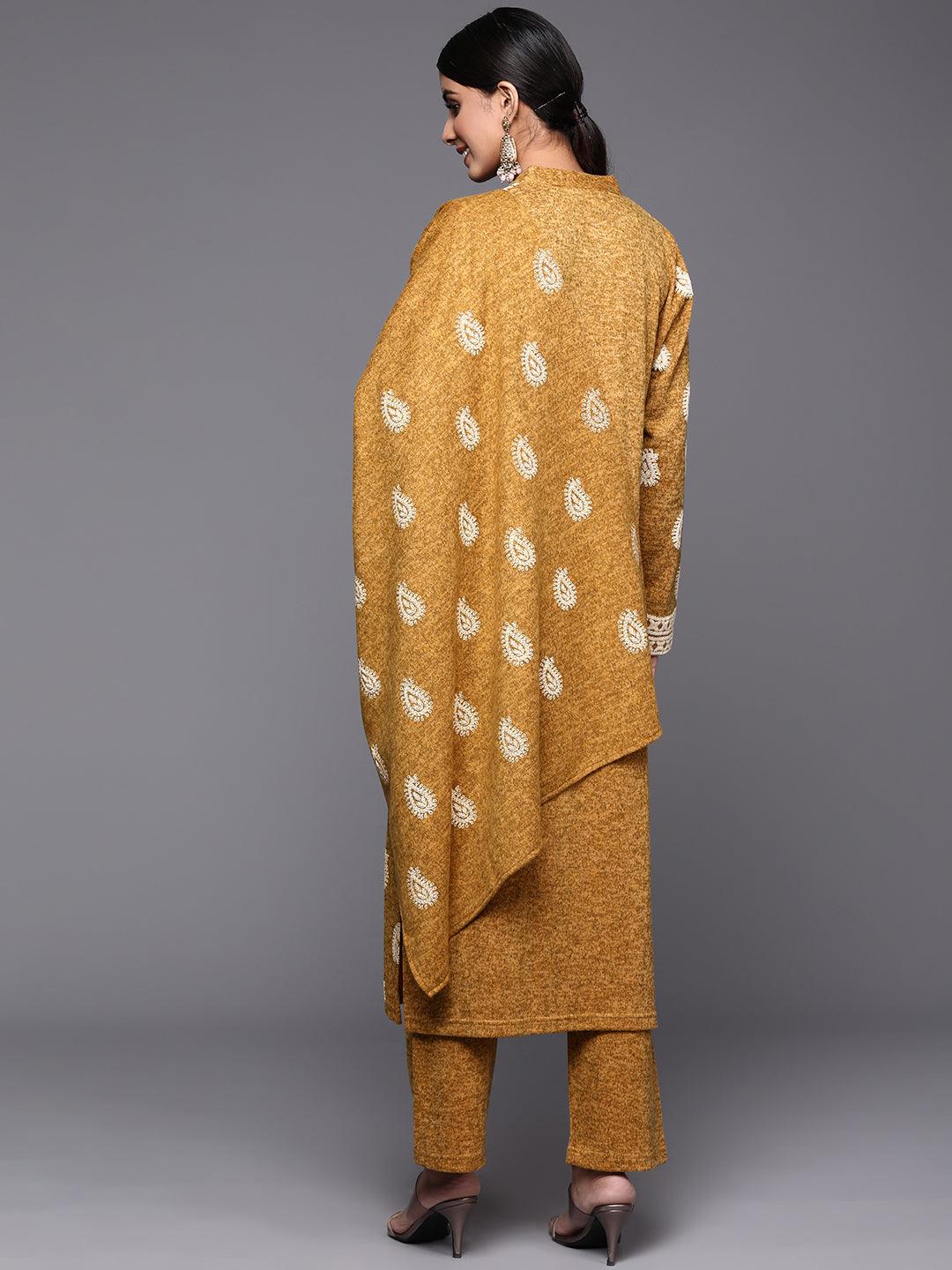 Mustard Printed Wool Straight Suit Set - Libas
