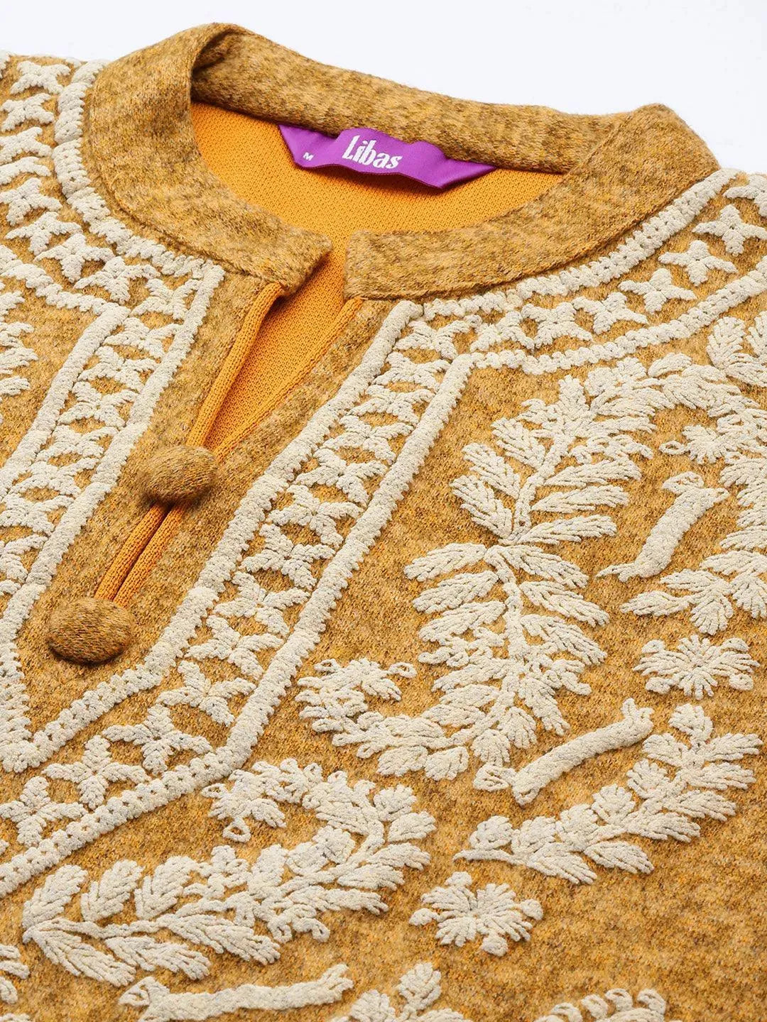 Mustard Printed Wool Straight Suit Set - Libas 
