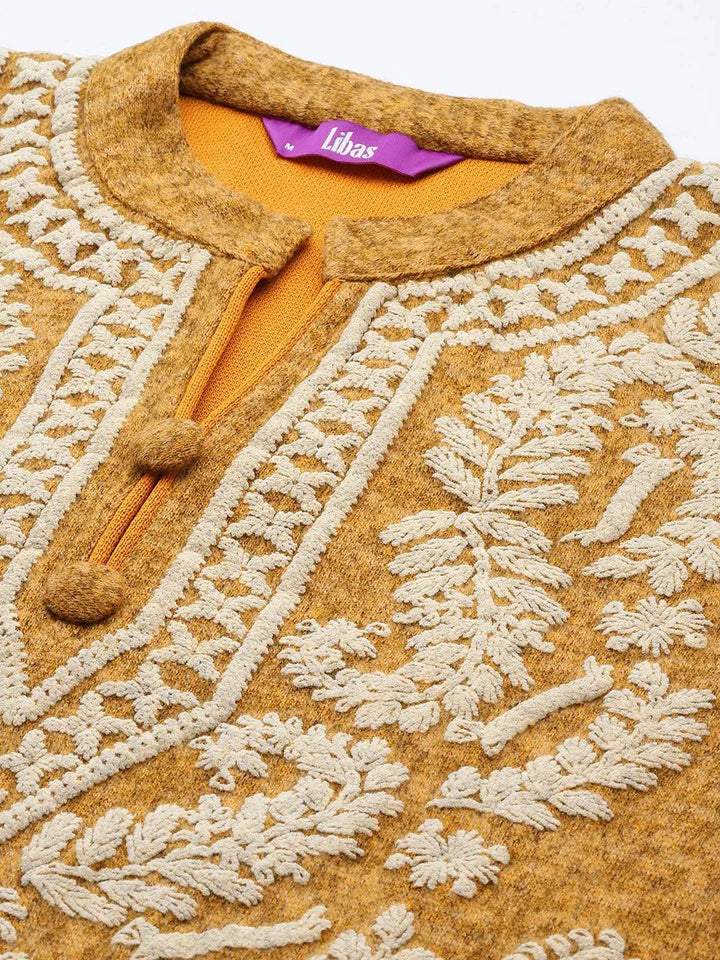 Mustard Printed Wool Straight Suit Set - Libas