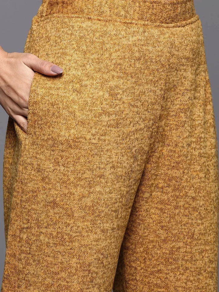 Mustard Printed Wool Straight Suit Set - Libas