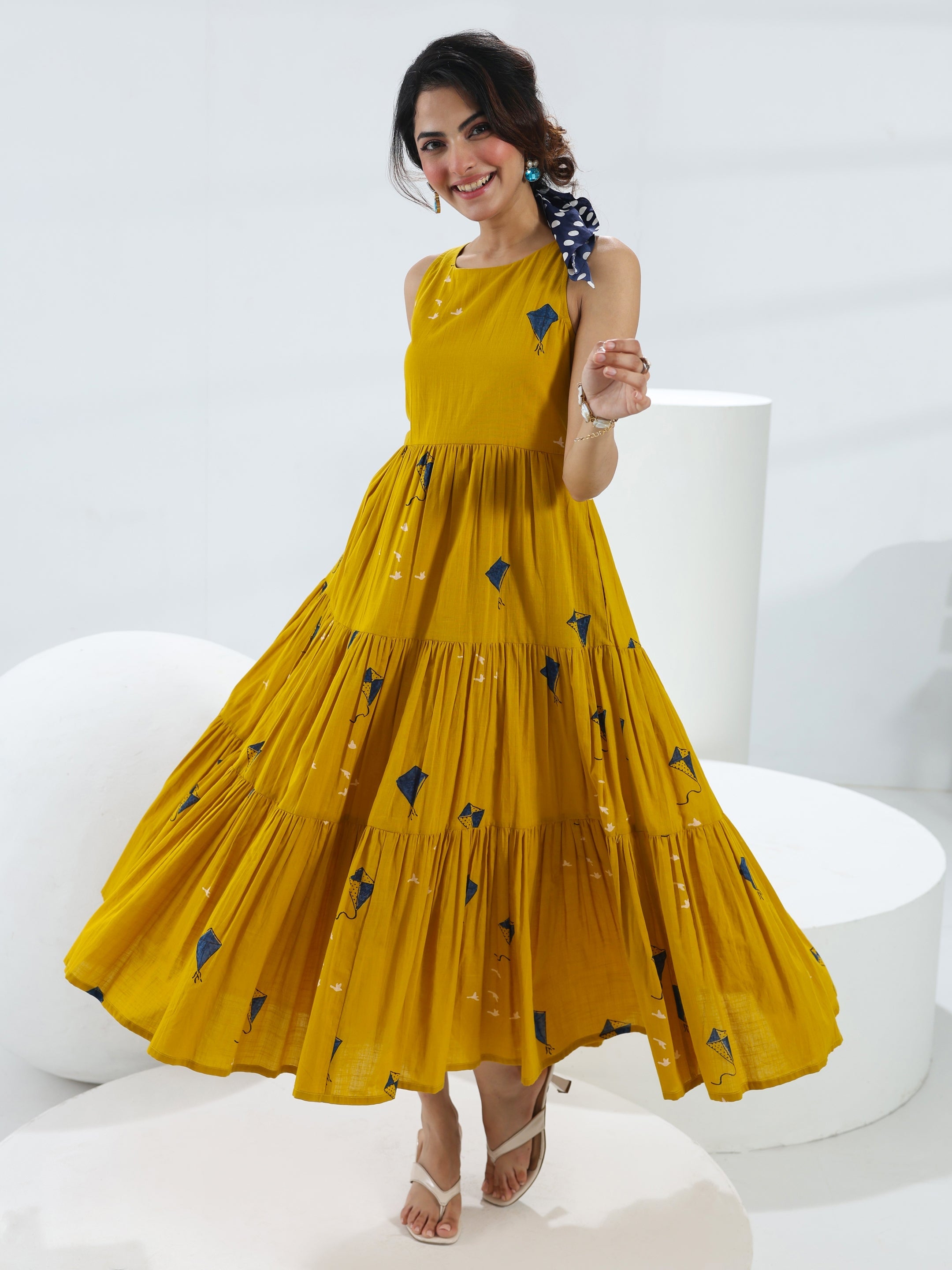 Libas Mustard Quirky Printed Cotton Fit-And-Flare One-Piece Tiered Dress-image-18