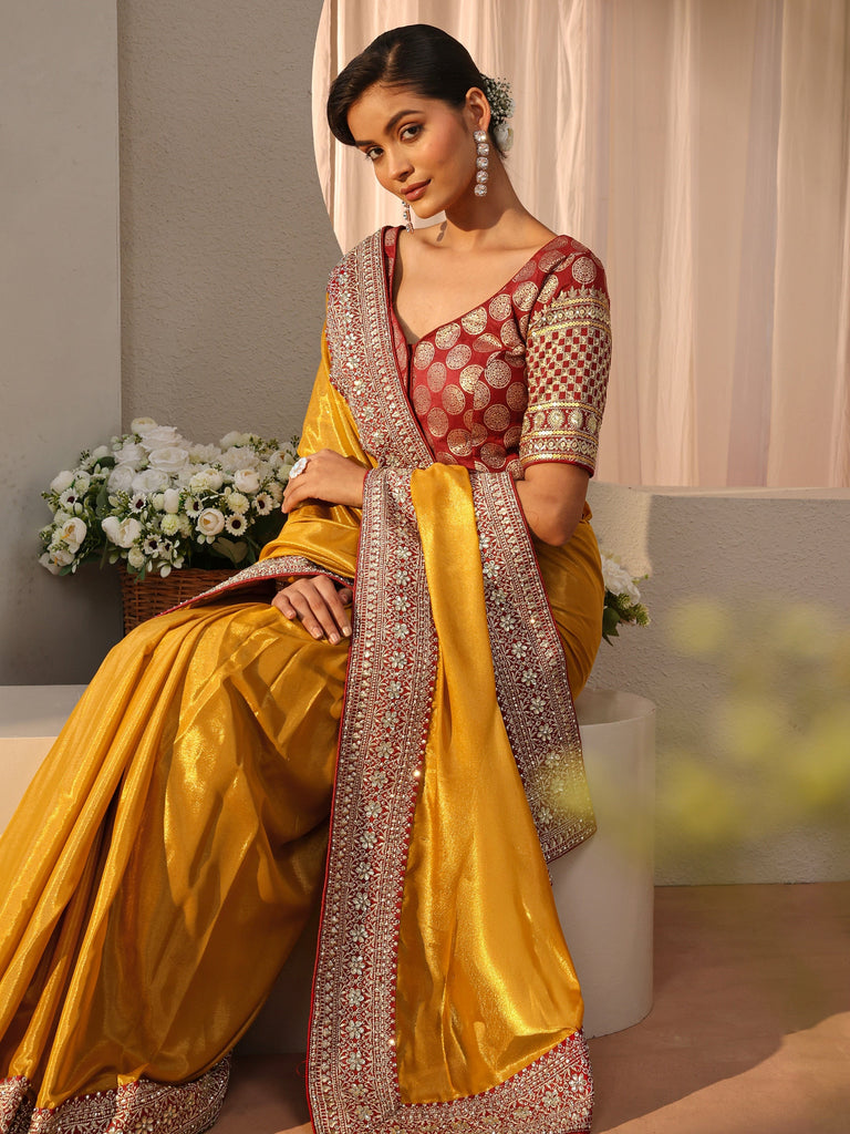Libas Mustard Satin Saree With Floral Border