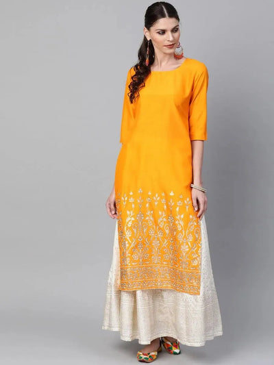 Mustard Self Design Chanderi Kurta - Libas