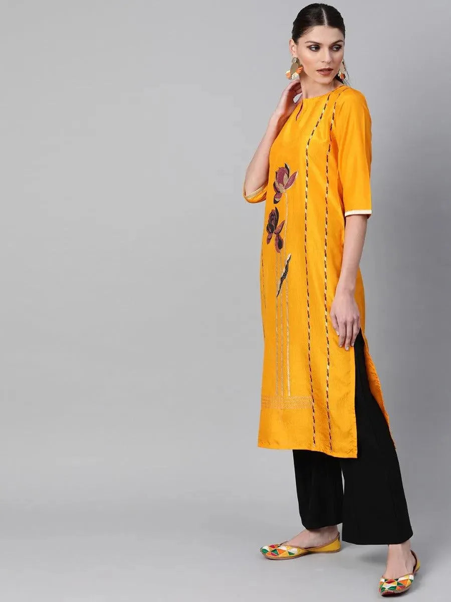 Mustard Self Design Chanderi Kurta - Libas 
