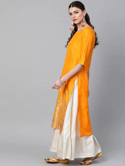 Mustard Self Design Chanderi Kurta - Libas