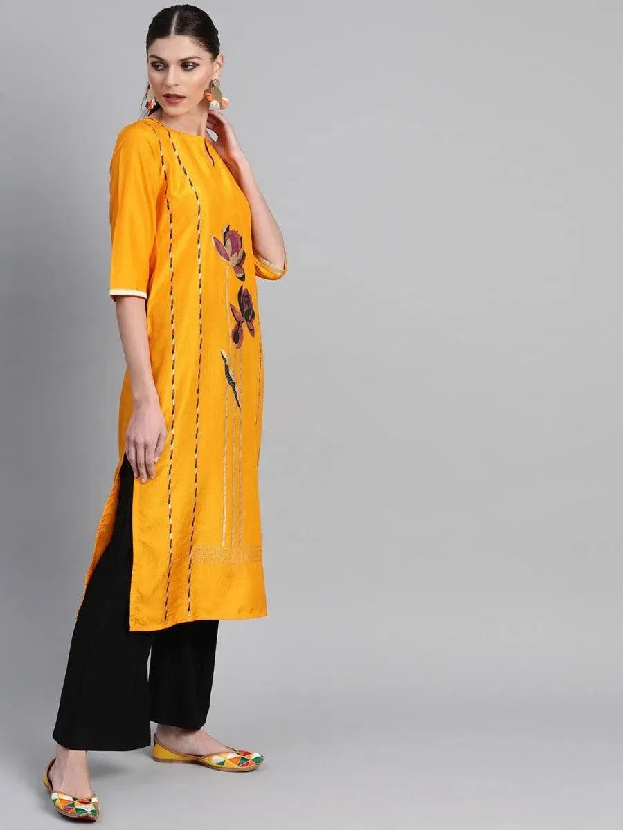 Mustard Self Design Chanderi Kurta - Libas 