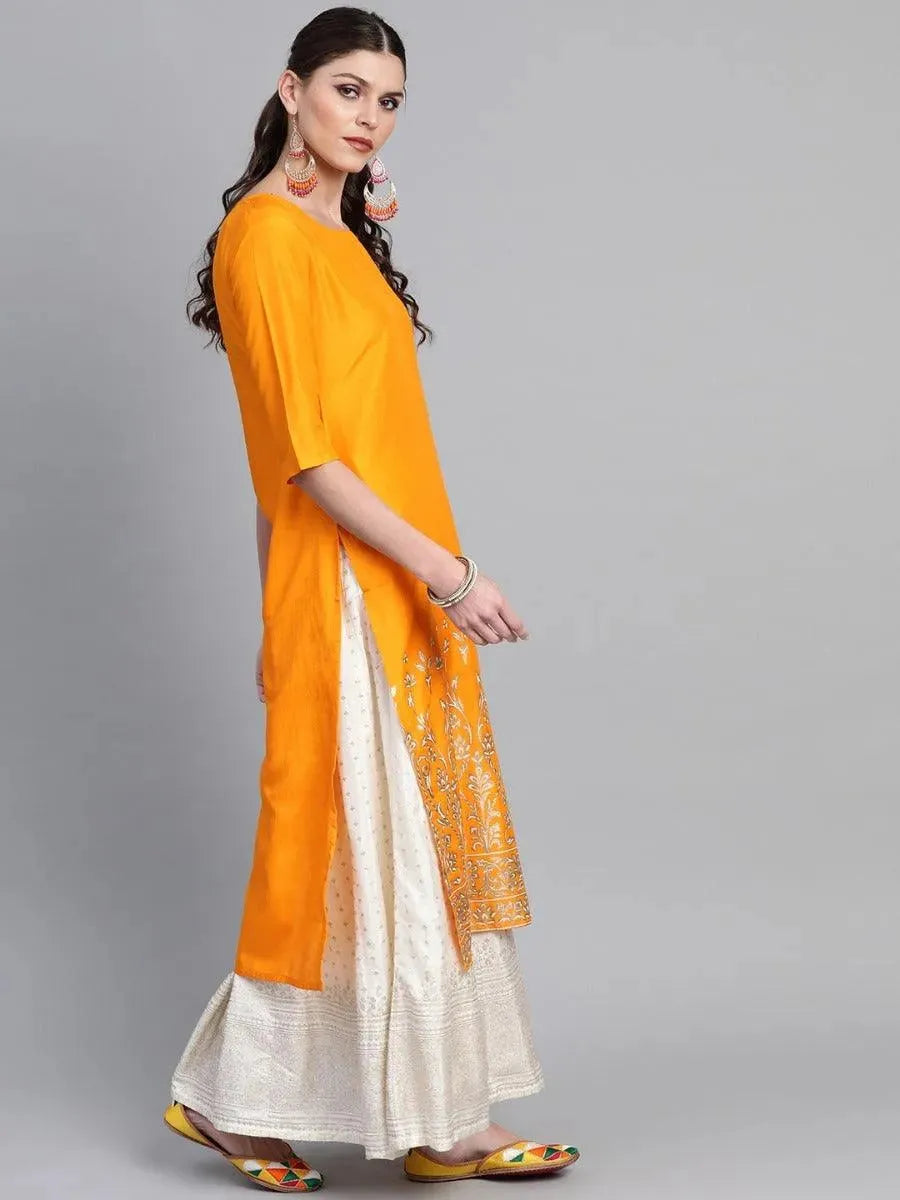 Mustard Self Design Chanderi Kurta - Libas