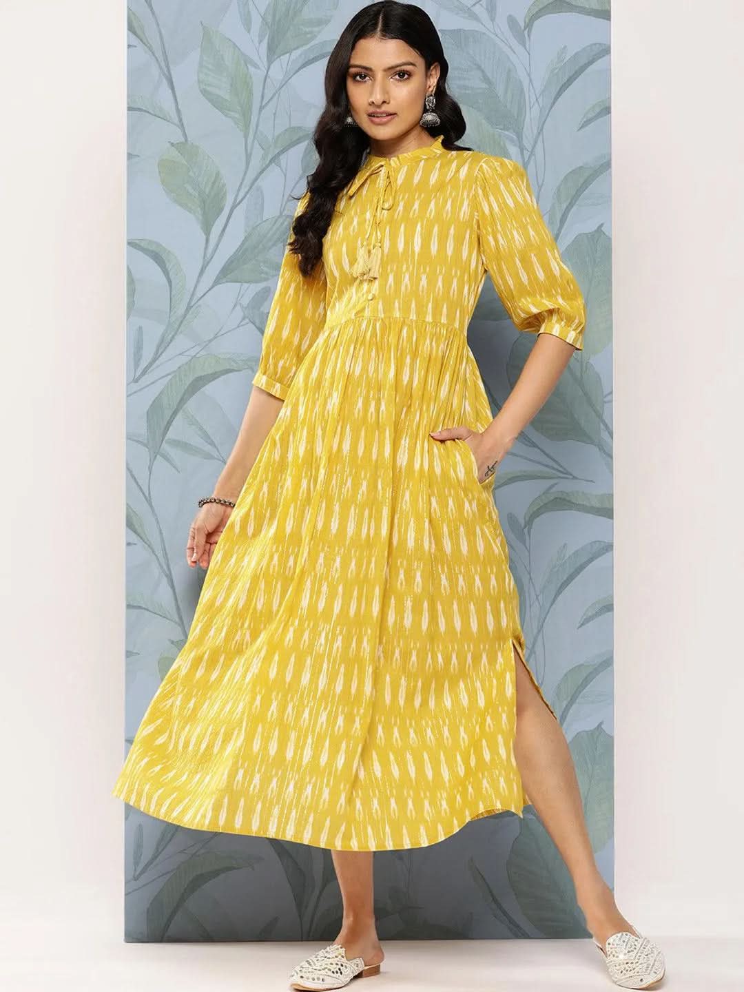 

Mustard Self Design Cotton Fit and Flare Dress