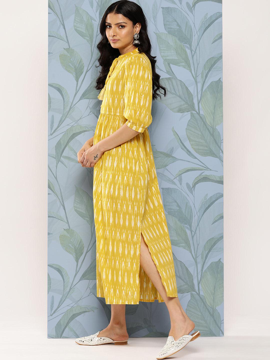 Mustard Self Design Cotton Fit and Flare Dress - Libas