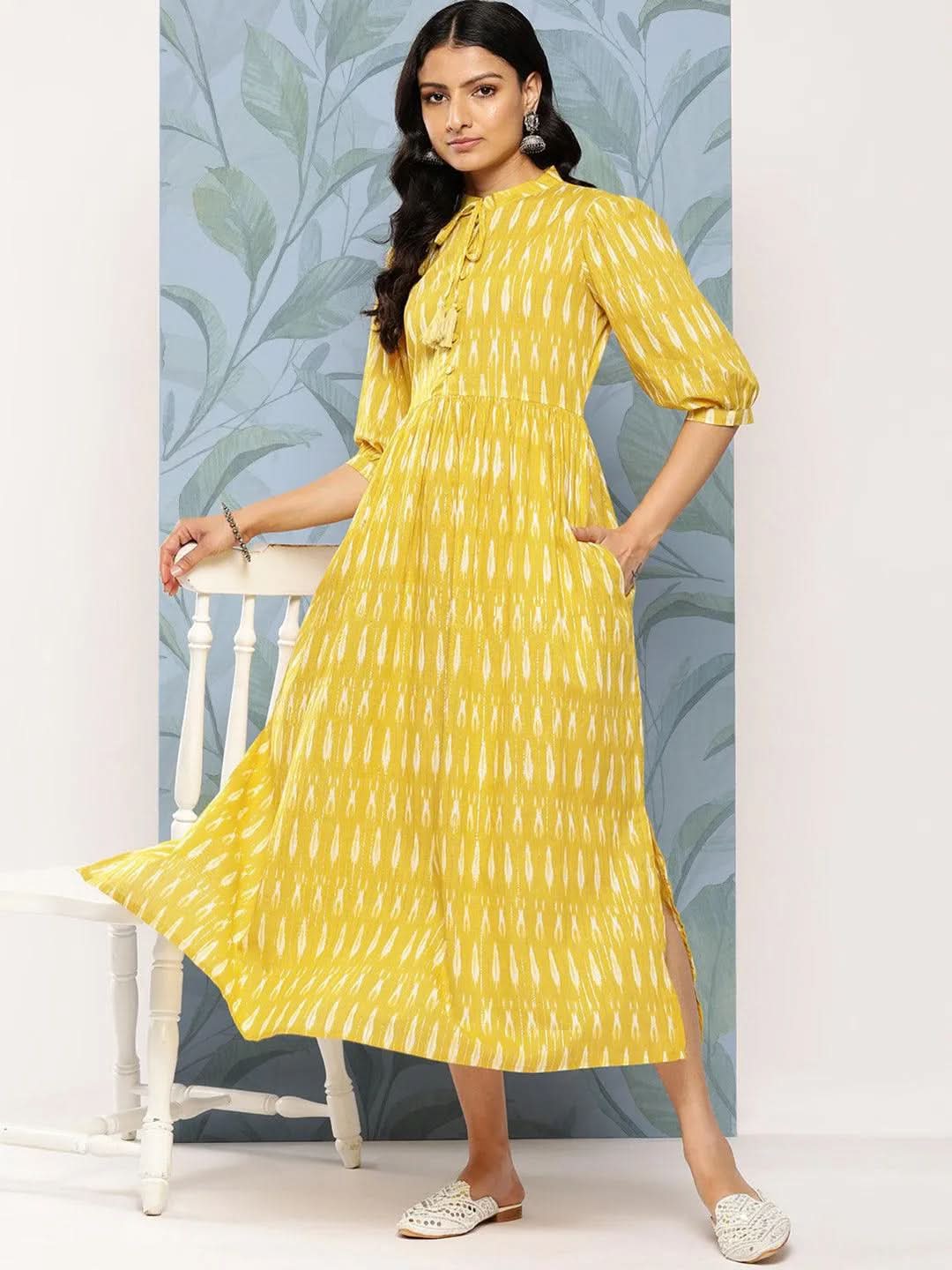Mustard Self Design Cotton Fit and Flare Dress - Libas 