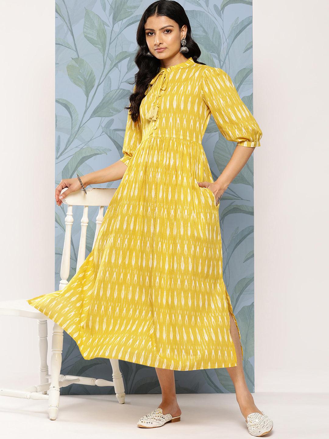 Mustard Self Design Cotton Fit and Flare Dress - Libas