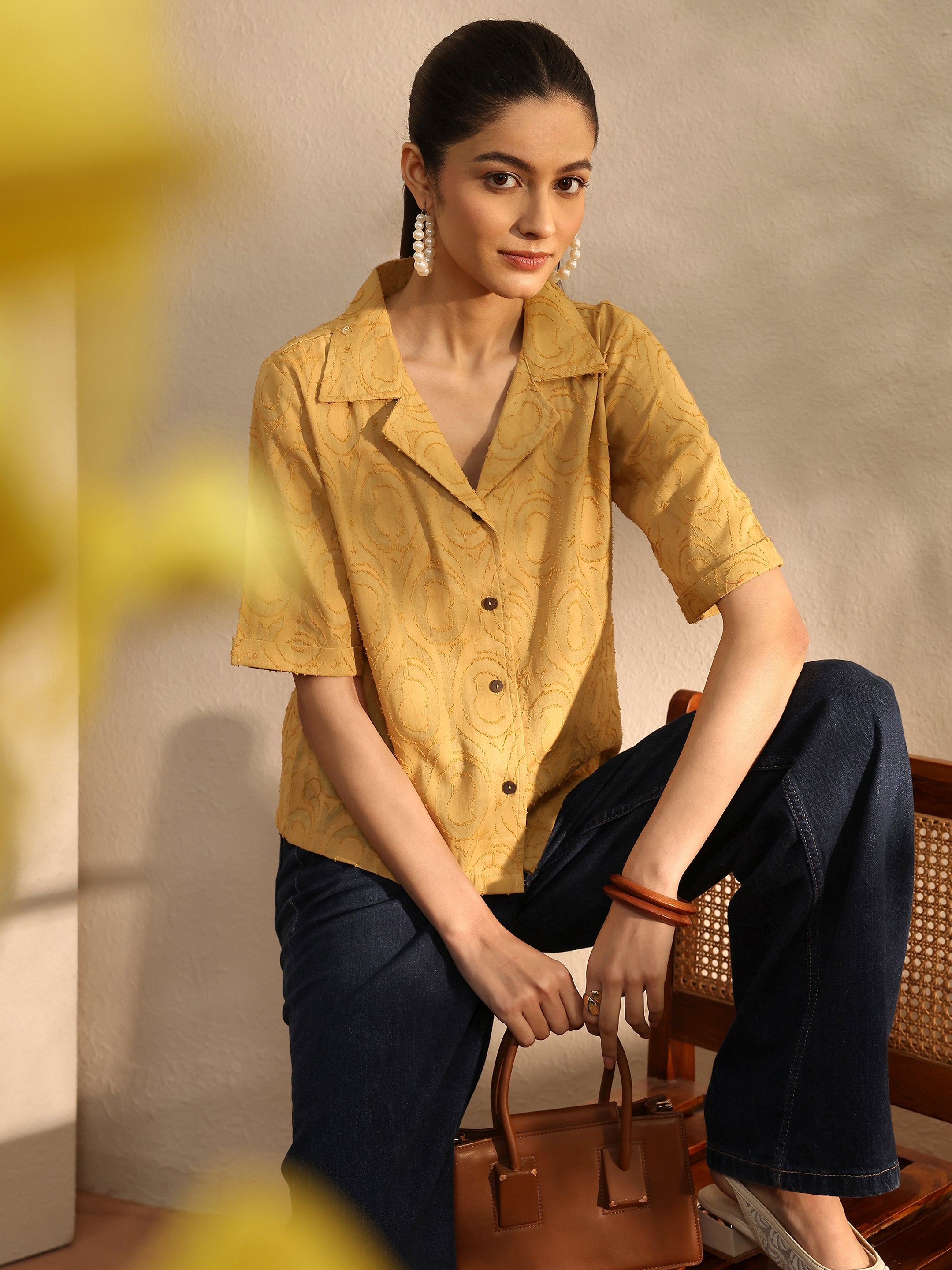 Mustard Self Design Cotton Straight Shirt-image-13