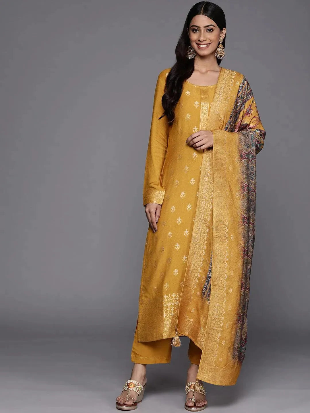 Mustard Self Design Pashmina Wool Straight Suit Set - Libas