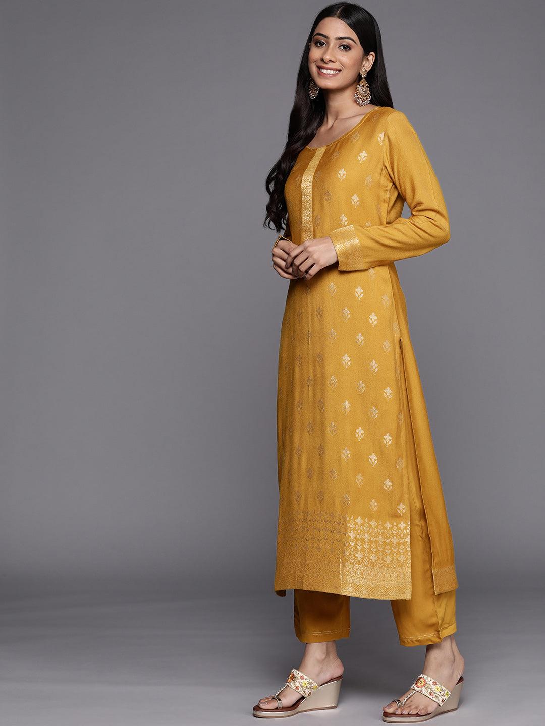 Mustard Self Design Pashmina Wool Straight Suit Set - Libas