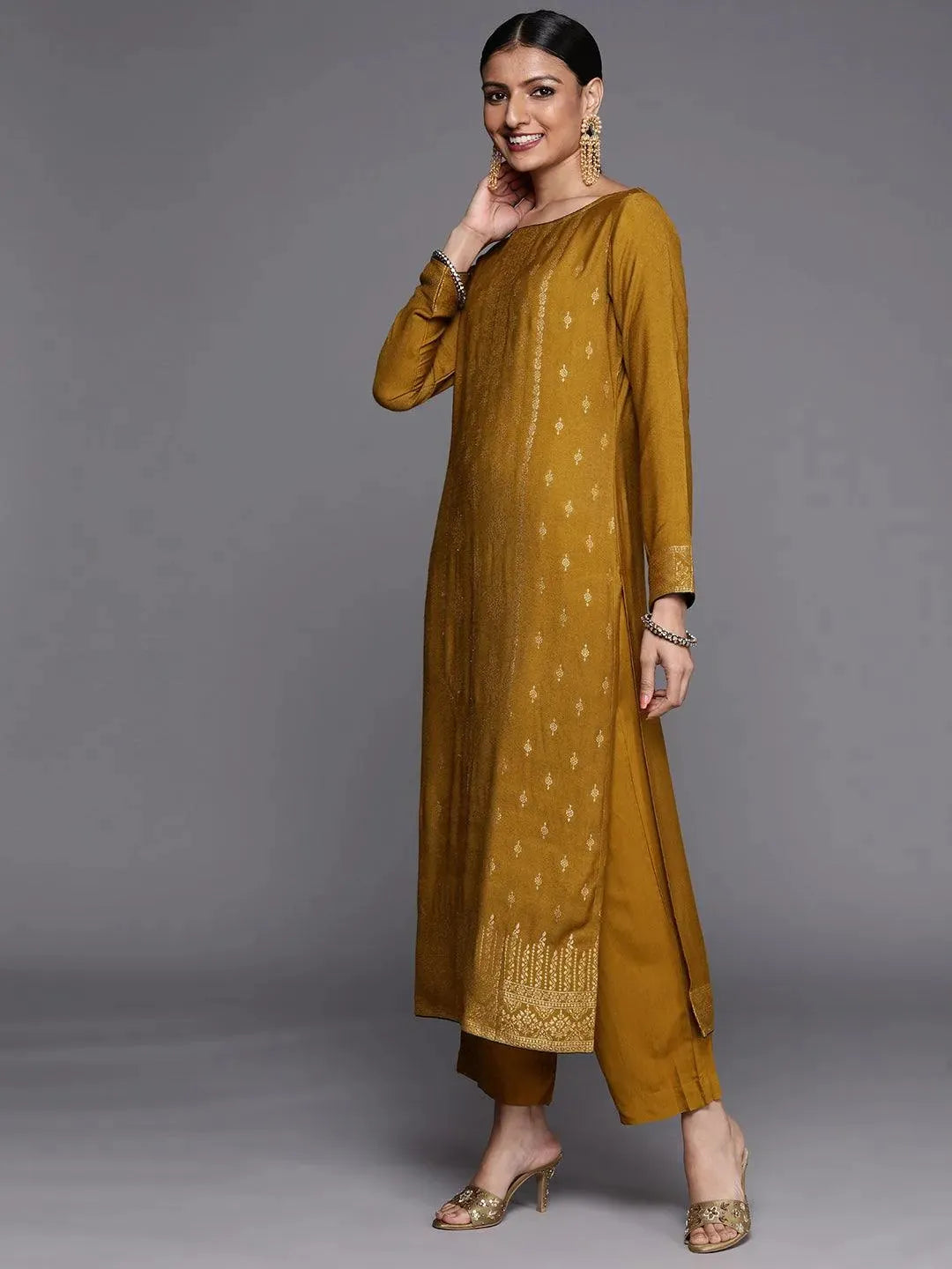 Mustard Self Design Pashmina Wool Straight Suit Set - Libas