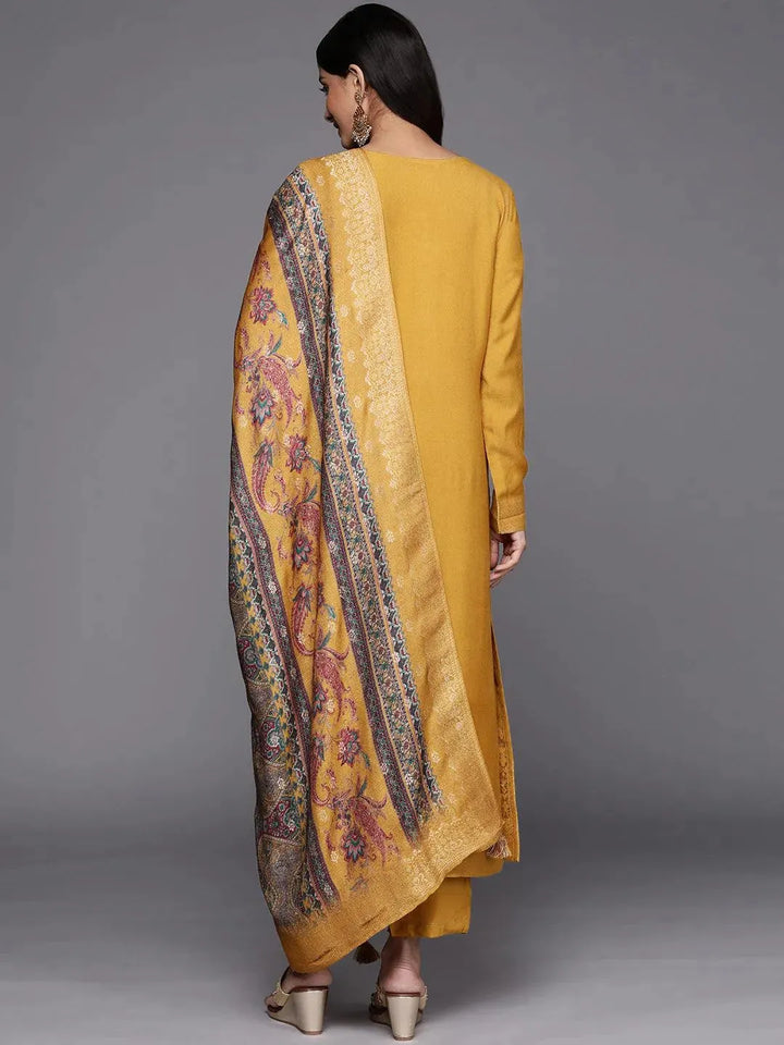 Mustard Self Design Pashmina Wool Straight Suit Set - Libas