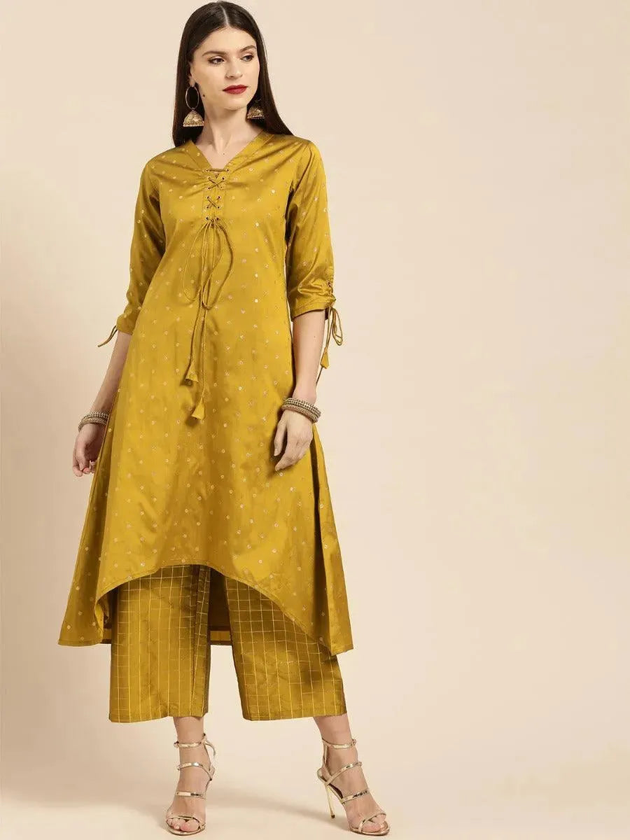 Mustard Self Design Silk Kurta Set - Libas