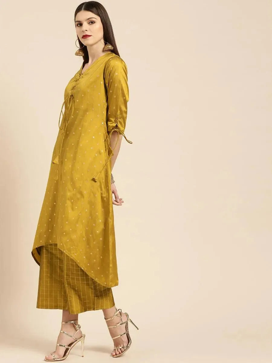 Mustard Self Design Silk Kurta Set - Libas