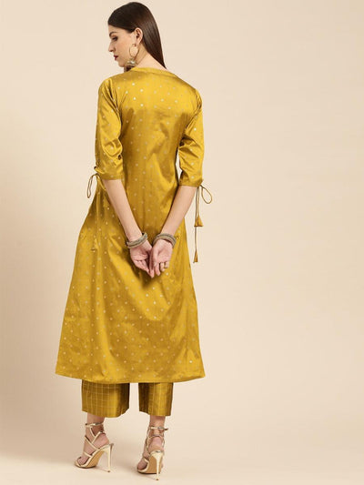 Mustard Self Design Silk Kurta Set - Libas