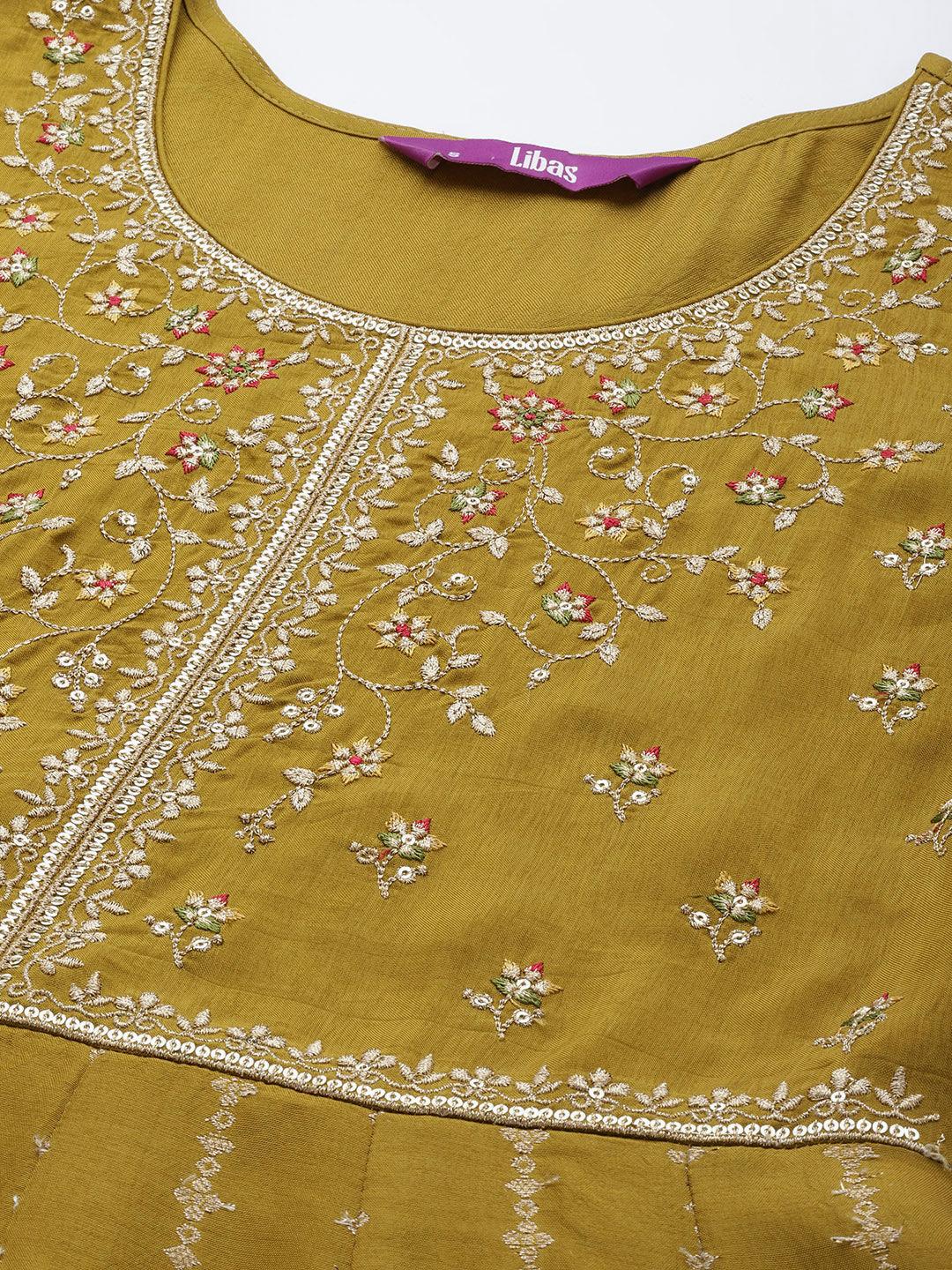 Mustard Self Design Silk Anarkali Kurta With Churidar & Dupatta