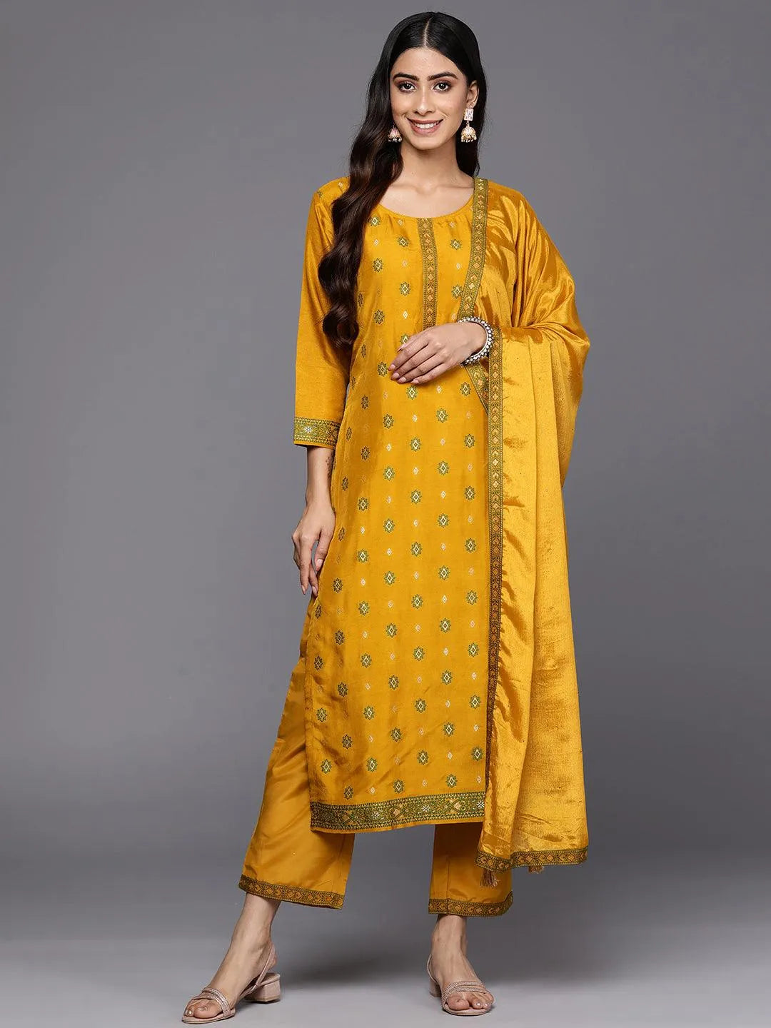 Mustard Self Design Silk Blend Straight Suit Set With Trousers - Libas